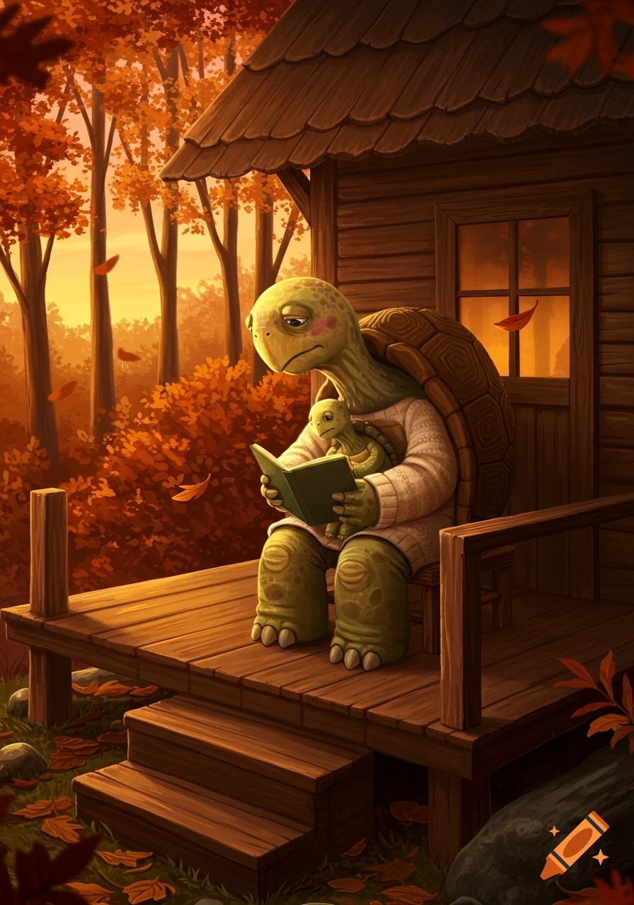 An illustrated large turtle wearing a sweater reads a book on a wooden porch, holding a baby turtle, surrounded by autumn trees.