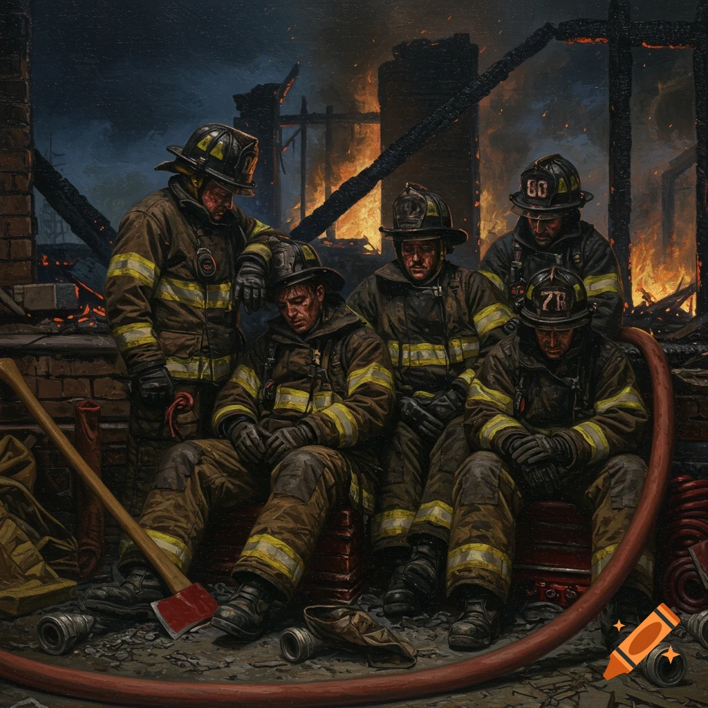 Neoclassical painting of five exhausted firefighters sitting amidst the rubble of a burnt building, with fire glowing in the background.