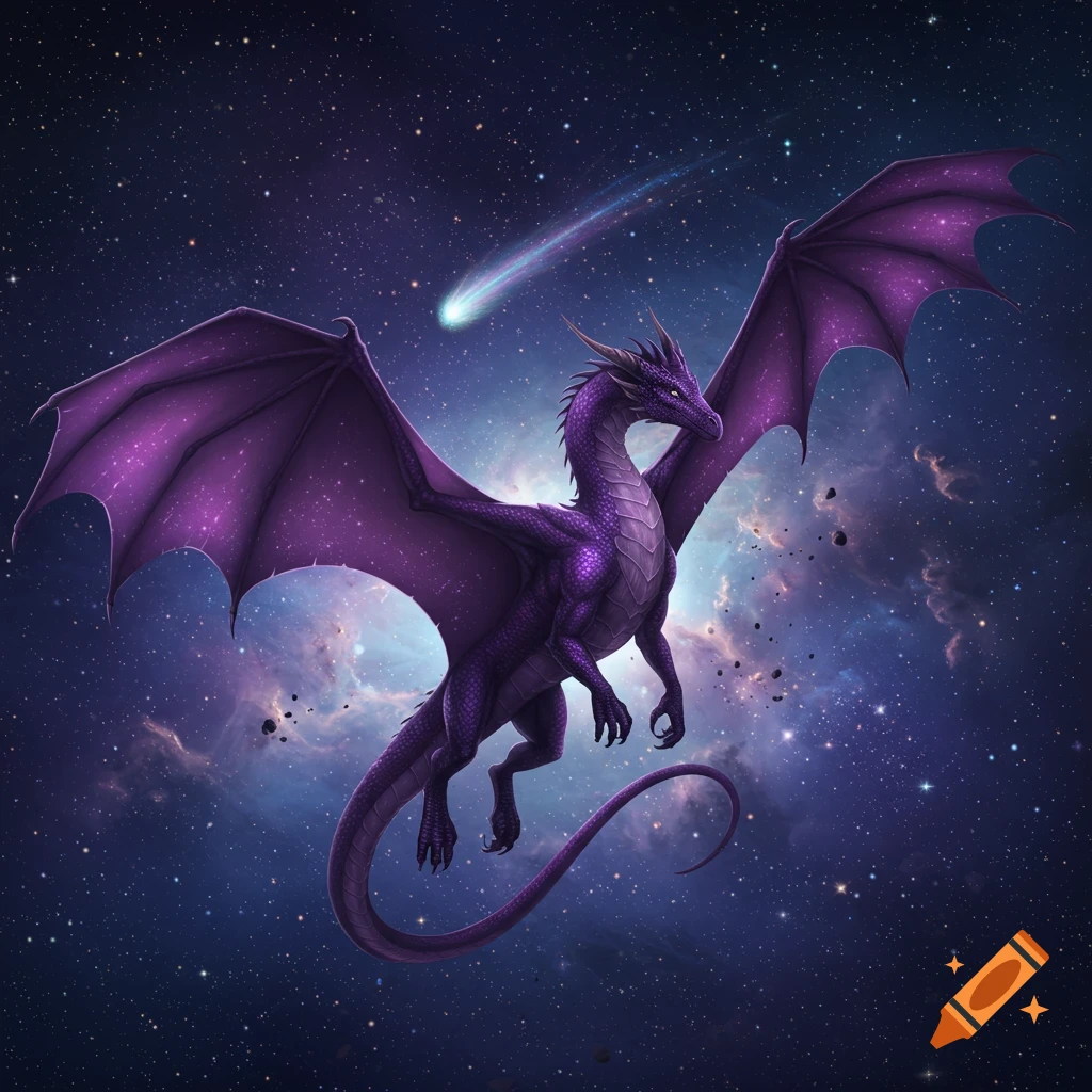 A vibrant purple dragon with large wings flies through a starry galaxy with a glowing blue nebula and a bright comet.