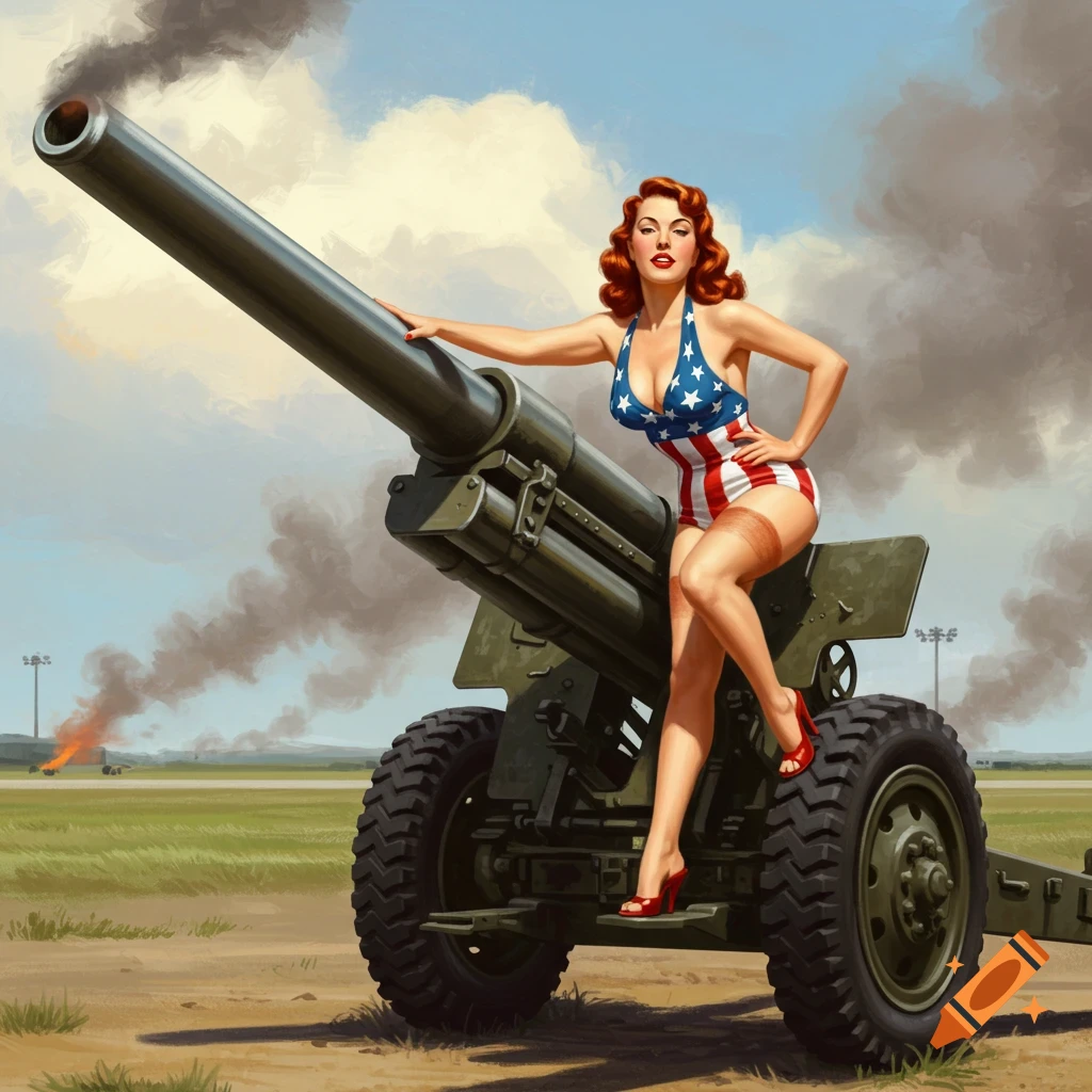 1940s style pin-up poster of a woman in a patriotic swimsuit posing on a large military artillery gun with smoke in the background.