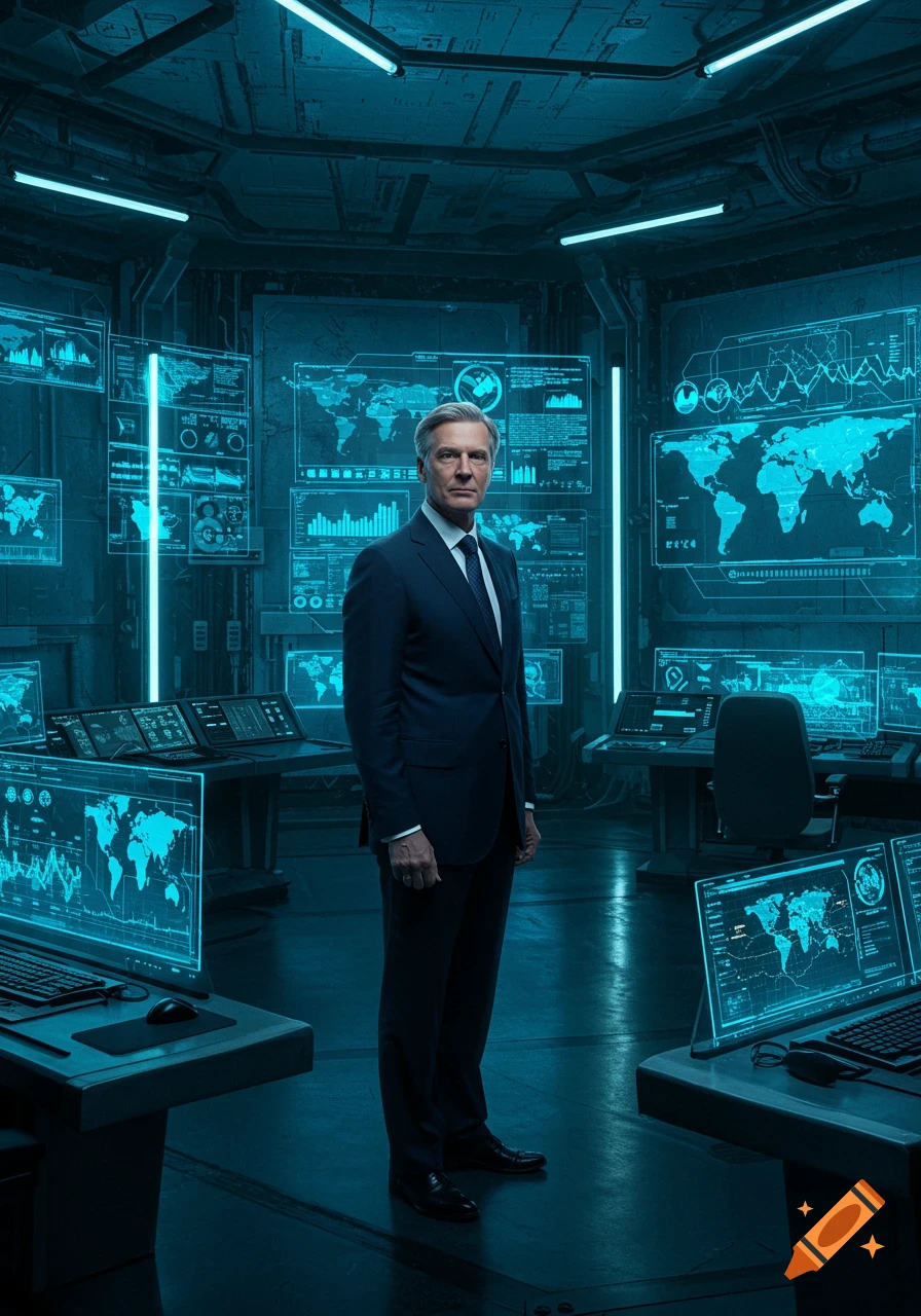A man in a suit stands in a futuristic control room filled with large holographic screens displaying data and maps.