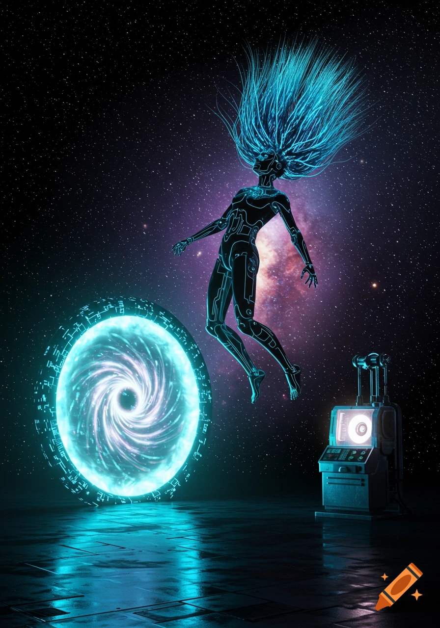 A glowing blue cyborg figure floats in deep space near a swirling blue energy portal and a futuristic control panel.