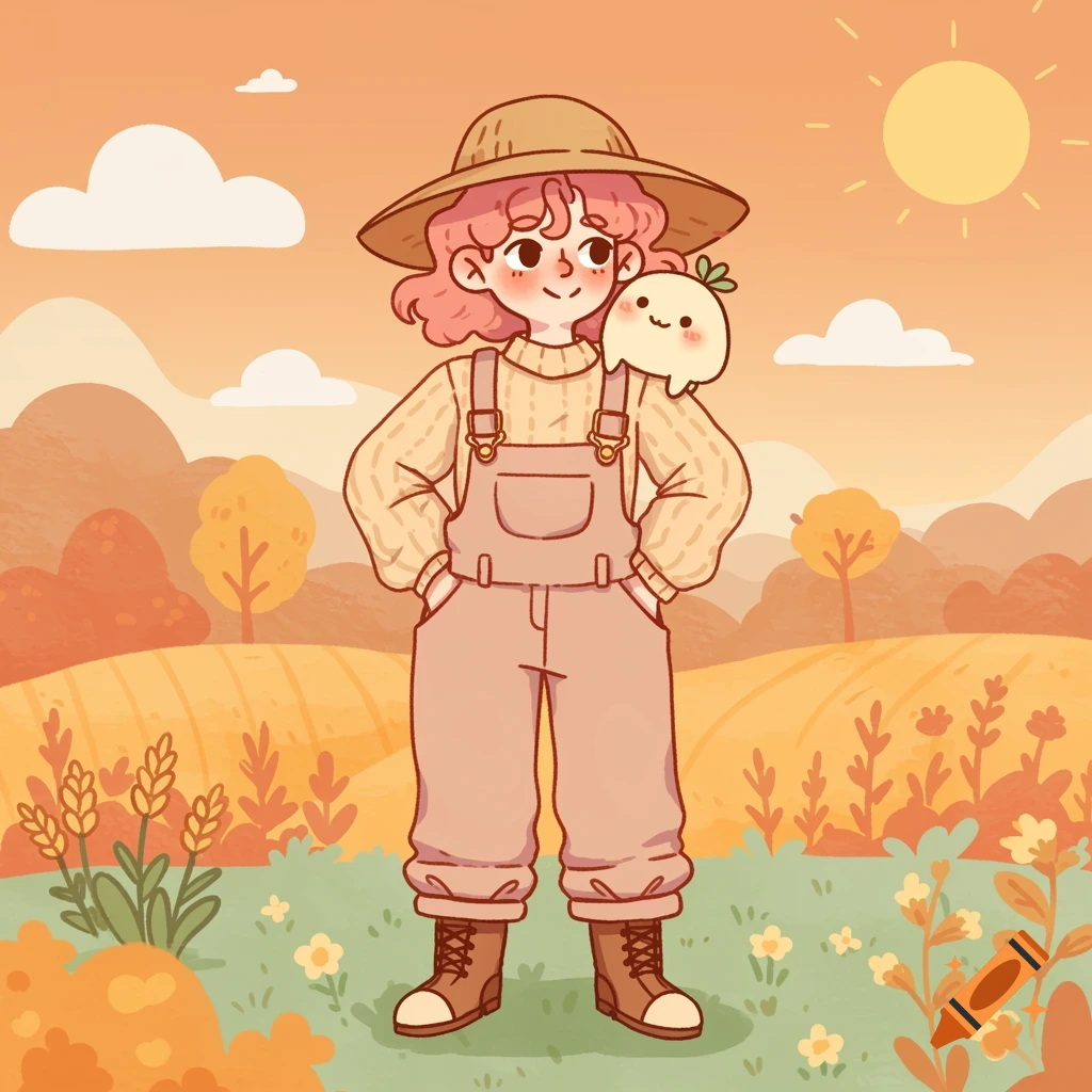 Cartoon character with pink hair in overalls and a straw hat, standing in a sunny farm field with a small white creature on their shoulder.