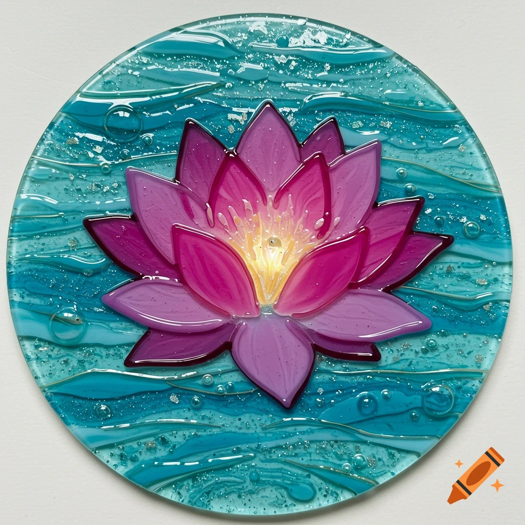 A round fused glass art piece featuring a vibrant pink and purple lotus flower on a swirling blue-green background.