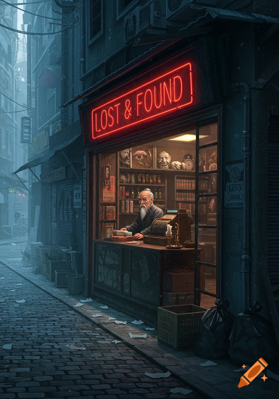 A dark, narrow street features a 'Lost & Found' shop with a red neon sign, an old bearded man inside, and papers scattered on the cobblestone pavement.