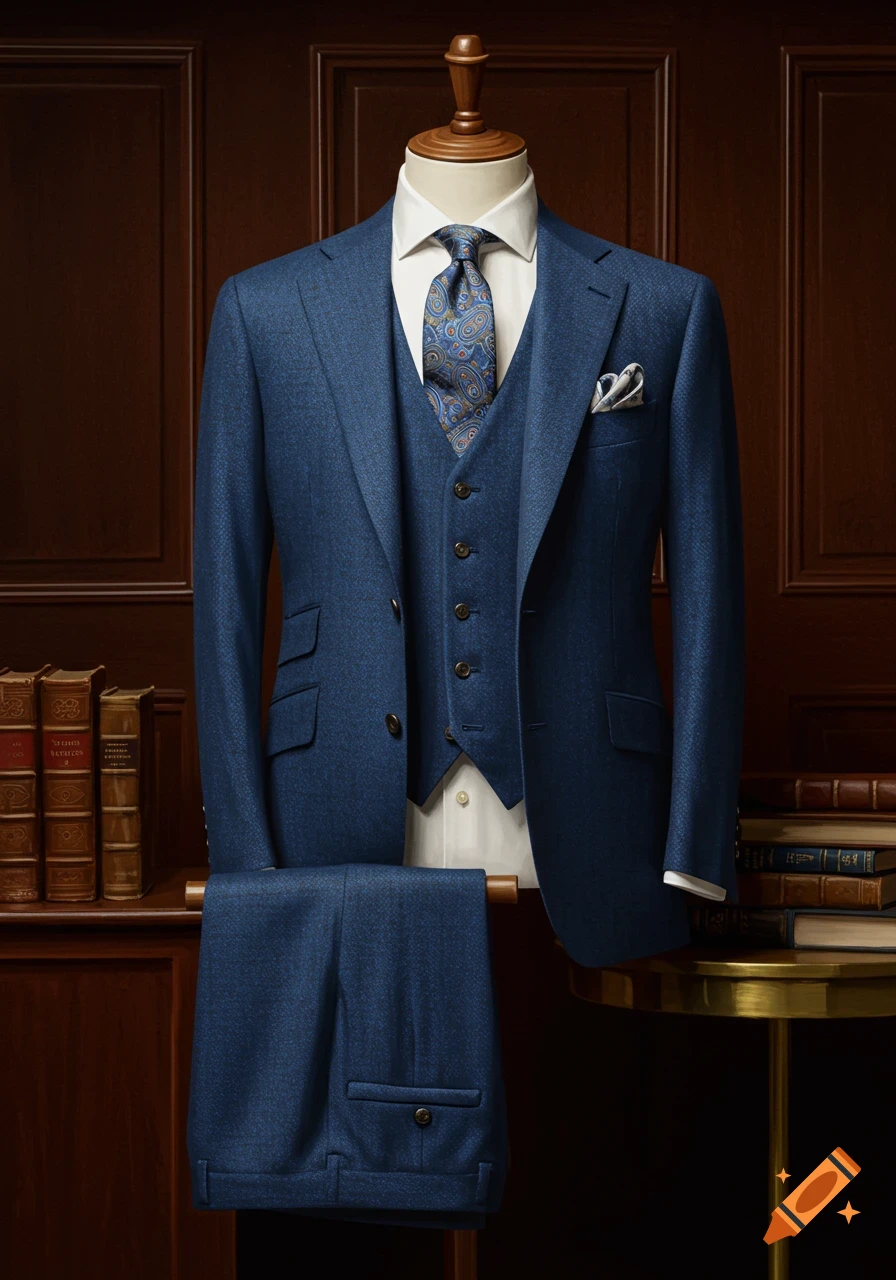 Photorealistic image of a blue tweed three-piece suit on a mannequin, displayed in a wood-paneled room with books.