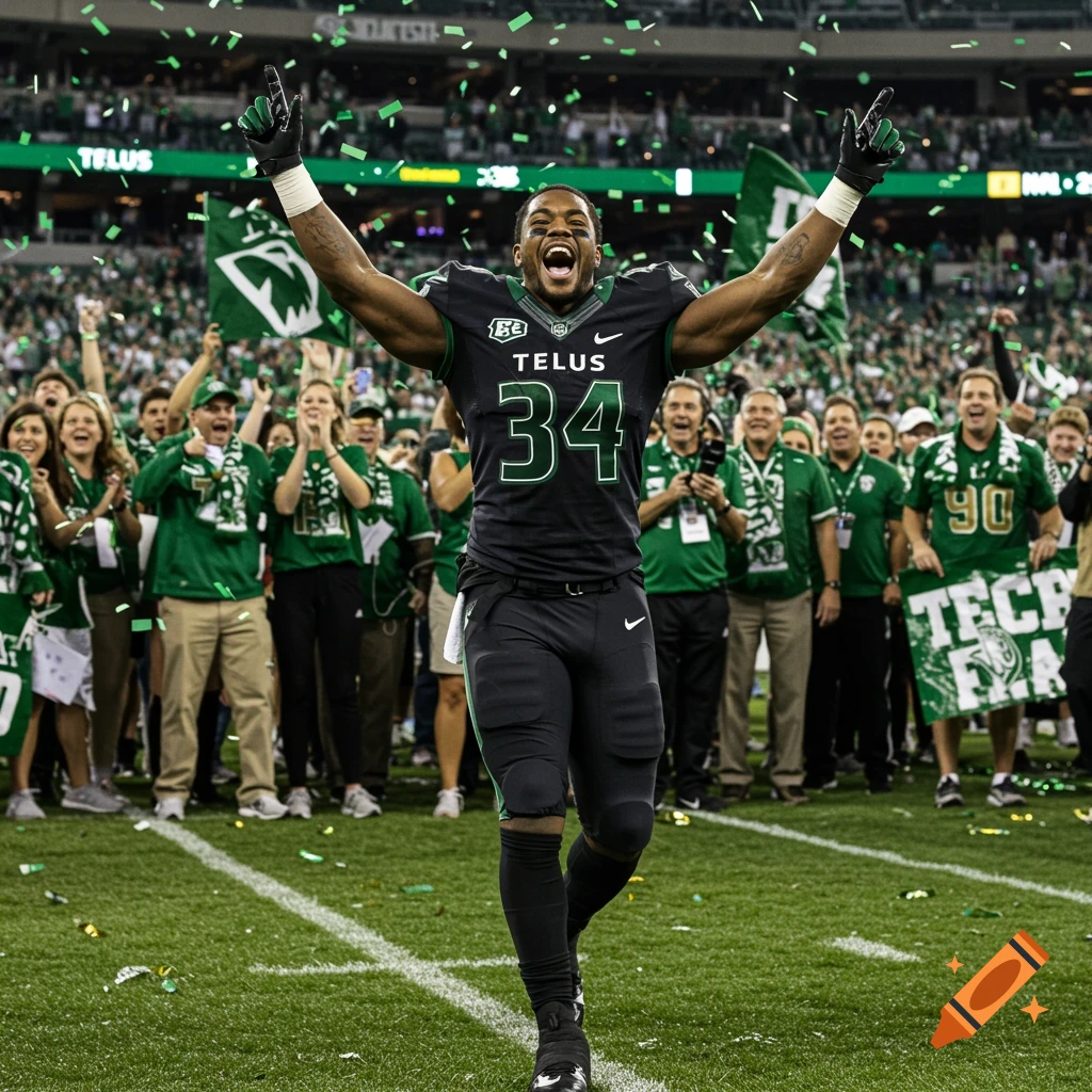 A football player in black and green uniform with 'TELUS 34' celebrates on a field under confetti, with a cheering crowd.