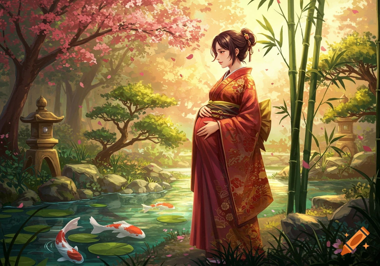 An anime-style pregnant woman in a red kimono stands in a tranquil Japanese garden with cherry blossoms, bamboo, and koi fish.