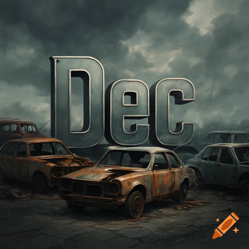 The word 'Dec' in large 3D letters, surrounded by rusty, broken-down cars under a stormy, grey sky.
