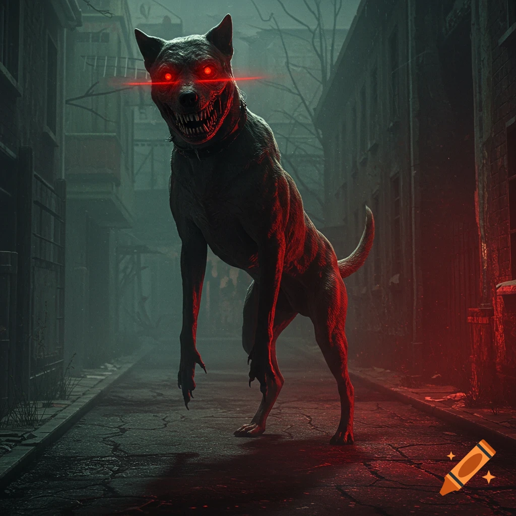 A monstrous dog with glowing red eyes and sharp teeth stands on two legs in a dark, abandoned street, illuminated by red light.