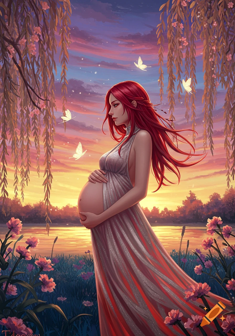 A heavily pregnant woman with long red hair stands by a lake at sunset, gently holding her belly. Willow branches and butterflies hang overhead, with flowers in the foreground.