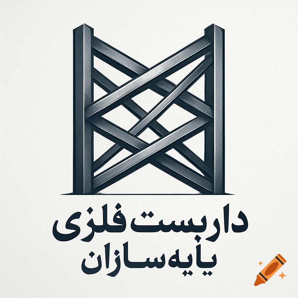A minimalist metallic logo with interwoven beams forming a structure, above Persian text.