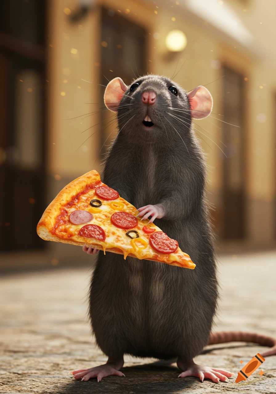 Photorealistic image of a rat standing upright, holding a large slice of pepperoni and olive pizza.
