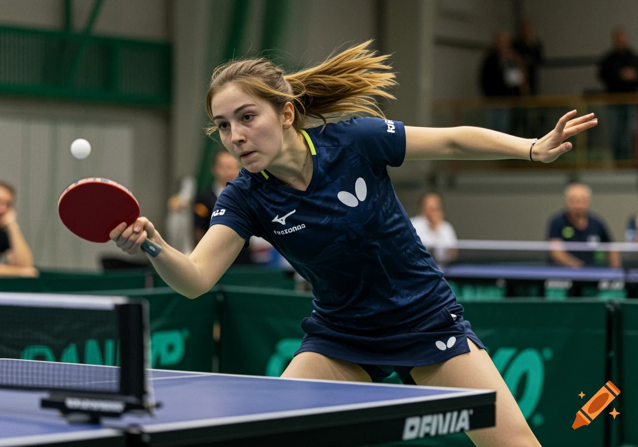 Photorealistic image of a young woman in a blue sports uniform playing table tennis, mid-action with a red paddle and a white ball.