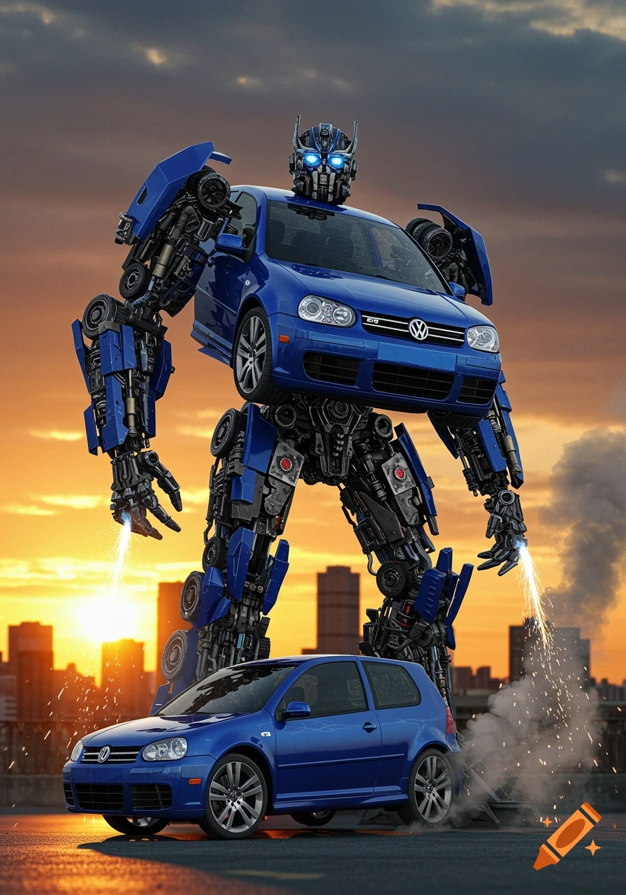 A giant blue Volkswagen Golf R32 robot stands over an identical car on a city street at sunset.