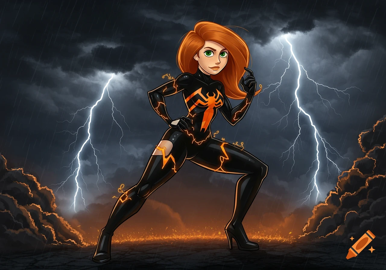 Kim Possible in a black Venom suit with orange lightning patterns and thigh-high heel boots, standing in a stormy landscape.