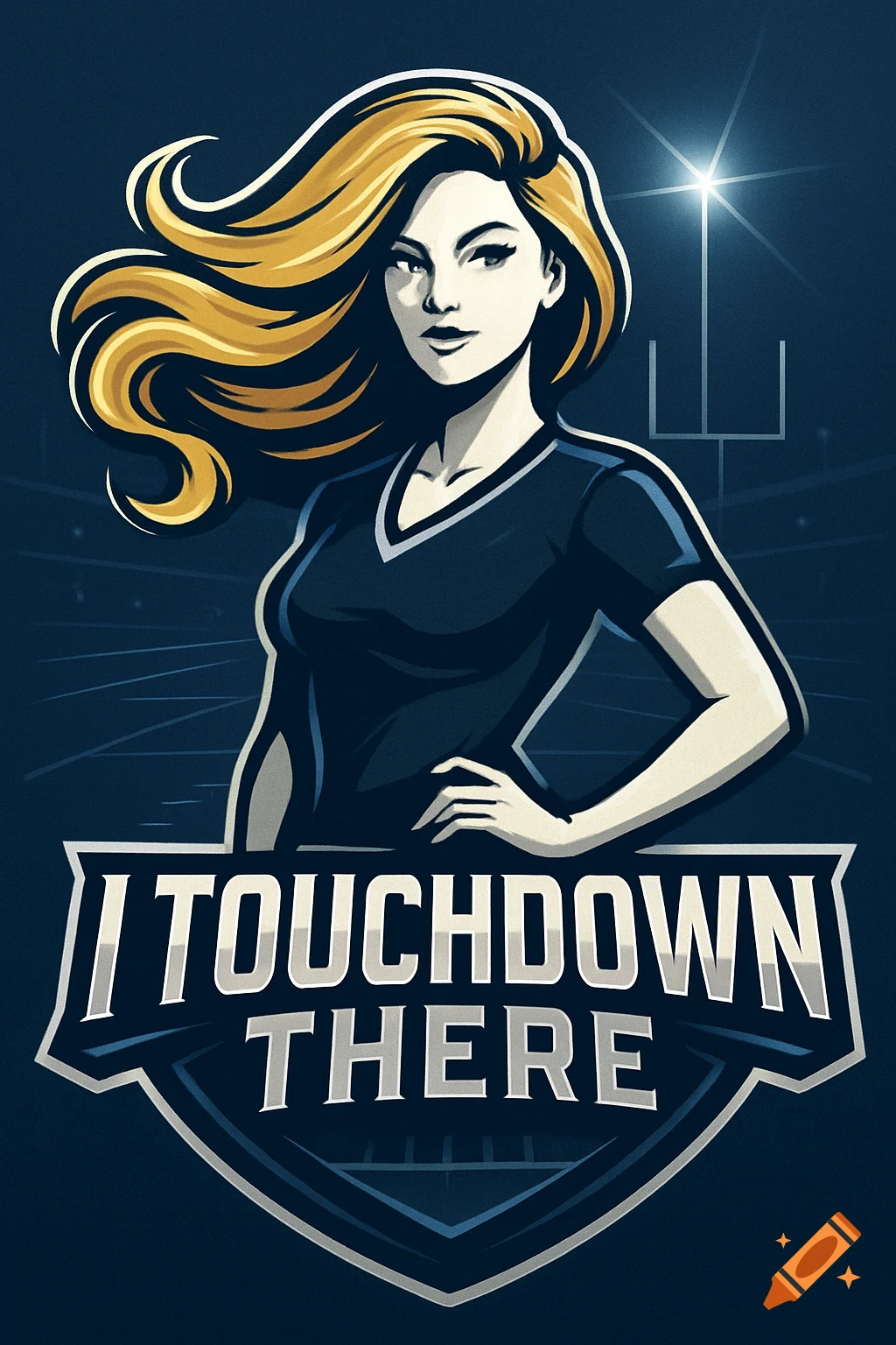 Stylized illustration of a woman with blonde hair in a dark shirt, standing in front of a football goalpost. Text reads 'I TOUCHDOWN THERE'.