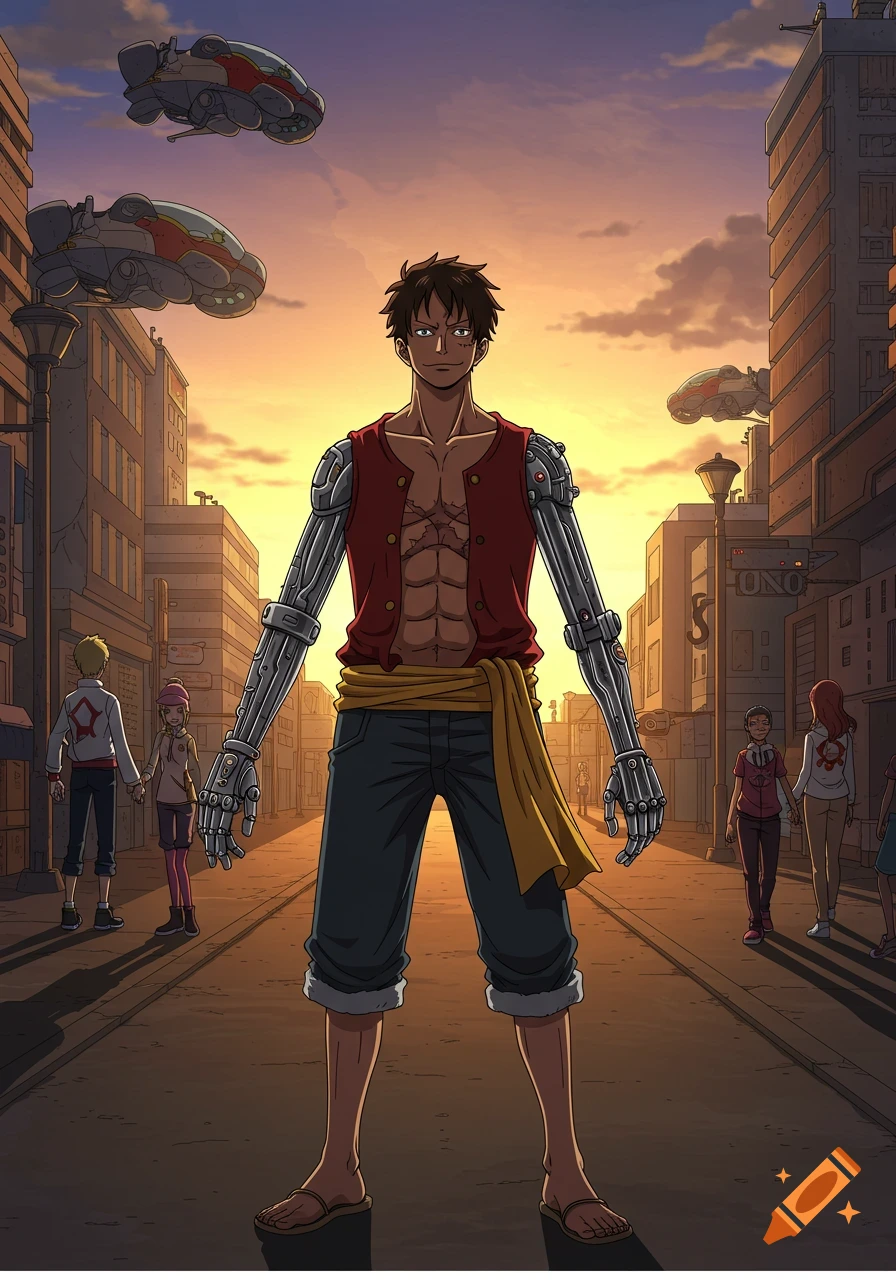 A dark-skinned man with cybernetic arms and scars stands in a futuristic city at sunset, with flying vehicles. Anime style.