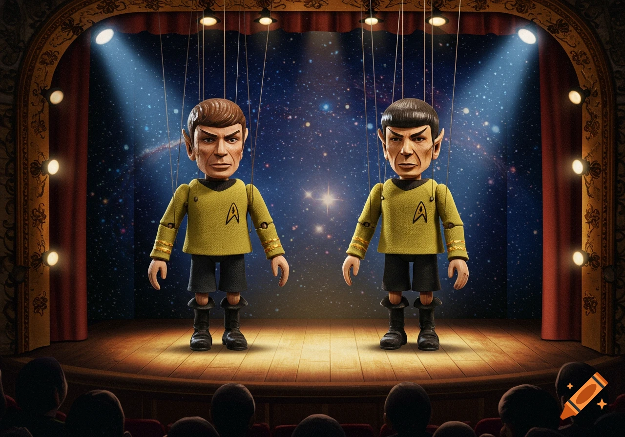 Marionettes of Kirk and Spock on a theatrical stage with a starry background, illuminated by spotlights.