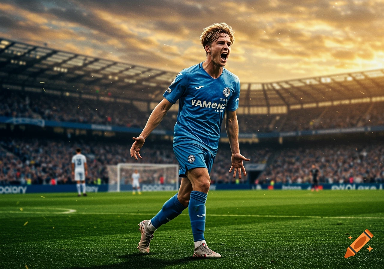 A male soccer player in a blue jersey celebrates on the field of a stadium at sunset, yelling with his arms wide open.