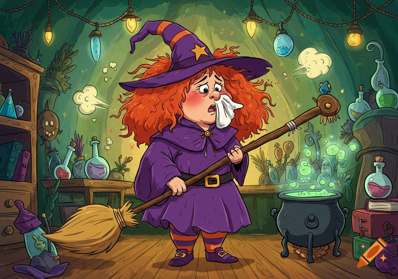 A cartoon witch with red curly hair and a purple robe holds a tissue to her red nose, looking sick, standing in a potion-filled room with a bubbling cauldron.