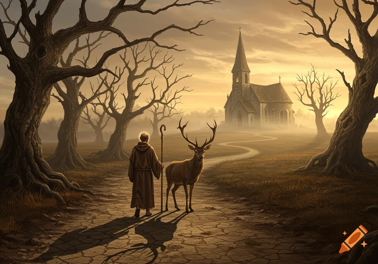 A robed saint with a staff walks a path with a deer towards a church under a misty, golden sky, surrounded by bare trees. Detailed fantasy art.