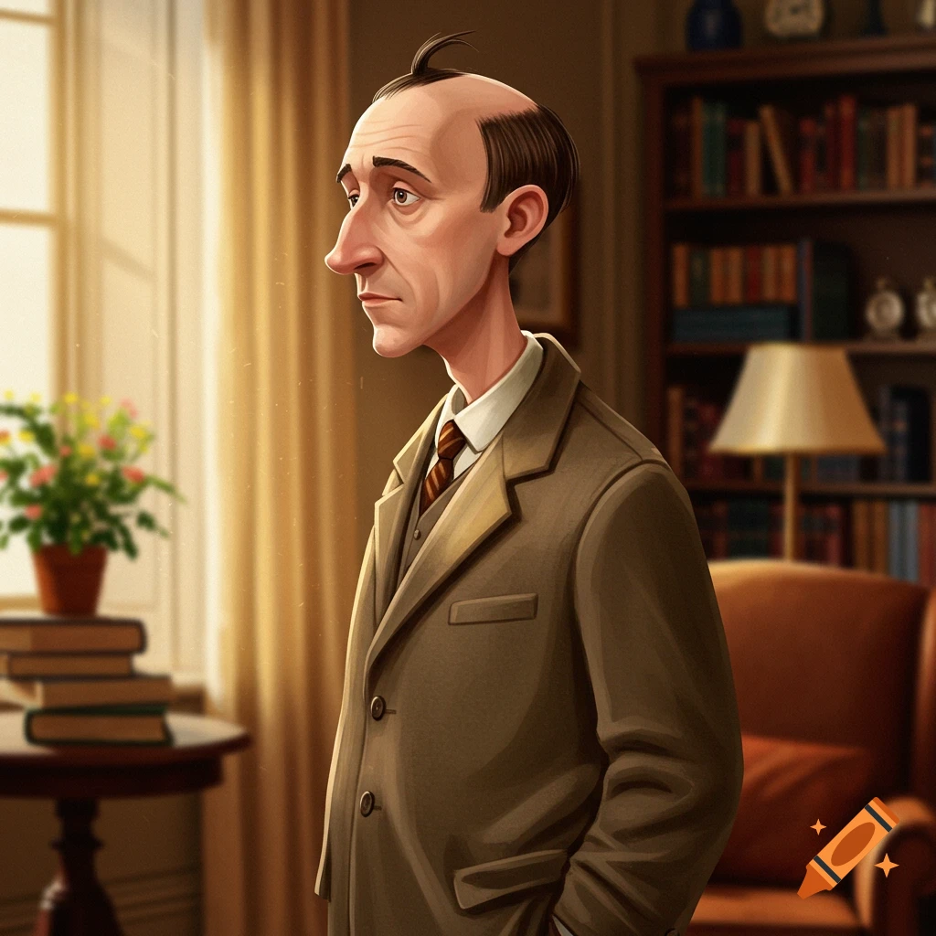 A cartoon illustration of a man with a bald head and a large nose in a brown suit, standing in a room with a bookshelf and a window.