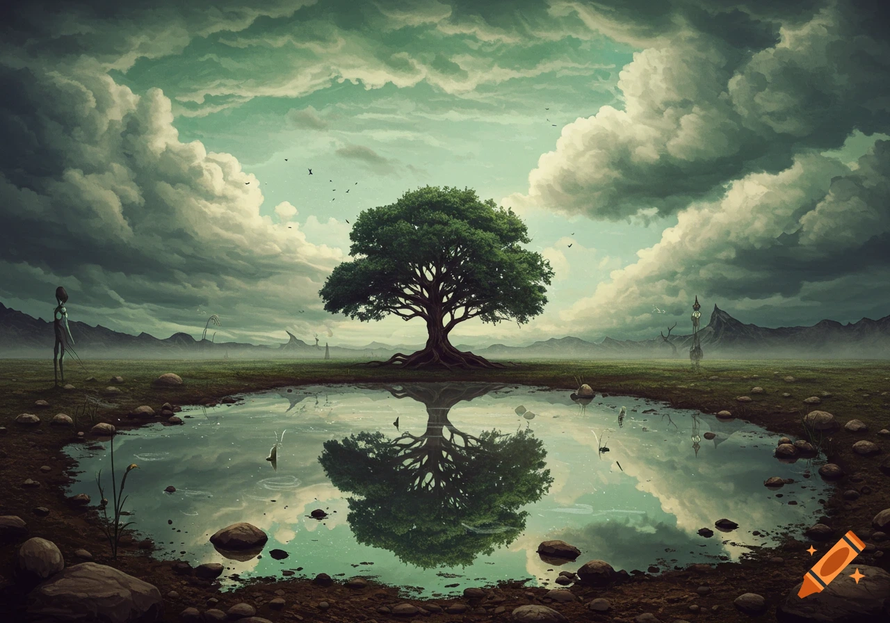 A surreal landscape with a large tree reflecting in a pond under a cloudy, dramatic sky, with alien-like figures in the distance.