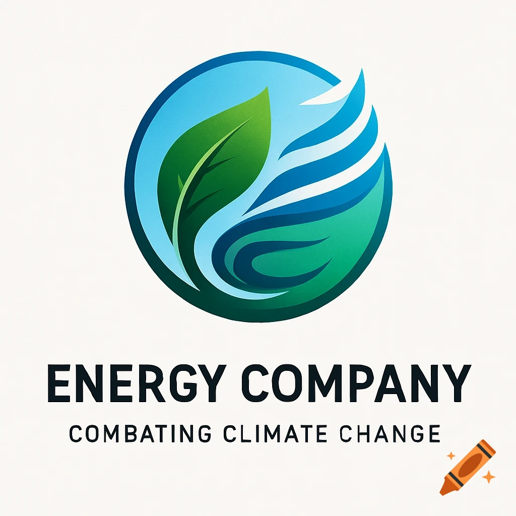 A circular logo featuring a green leaf and blue wave patterns, with the text 'ENERGY COMPANY COMBATING CLIMATE CHANGE' below.