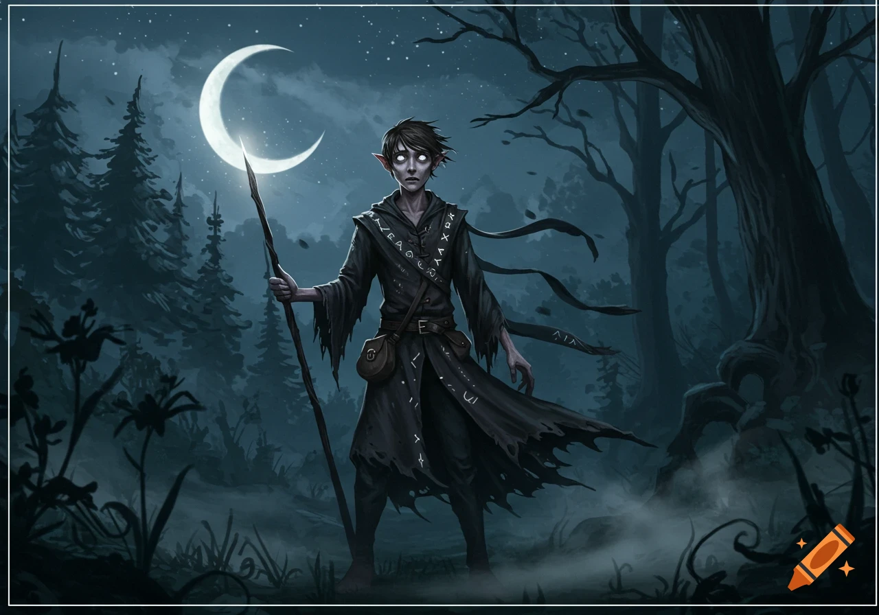 A skinny warlock with glowing eyes stands in a dark, moonlit forest, holding a staff.