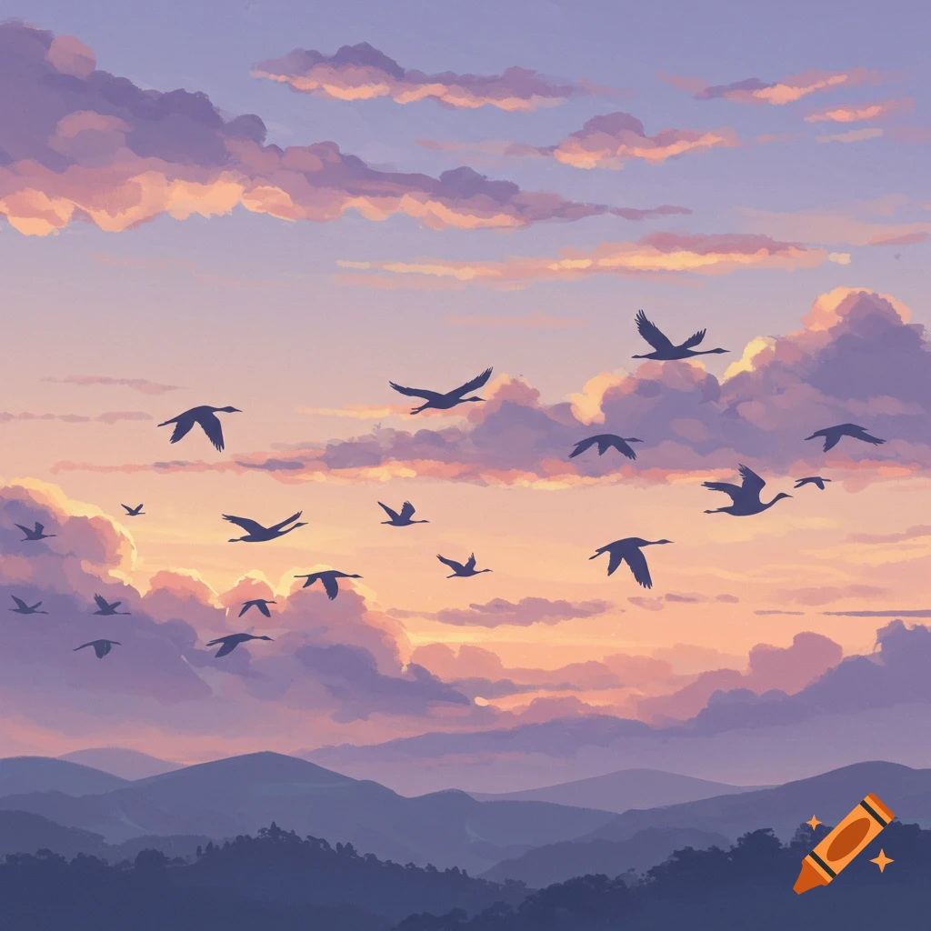 Silhouettes of birds fly through a vibrant sunset sky with purple and orange clouds over mountains.