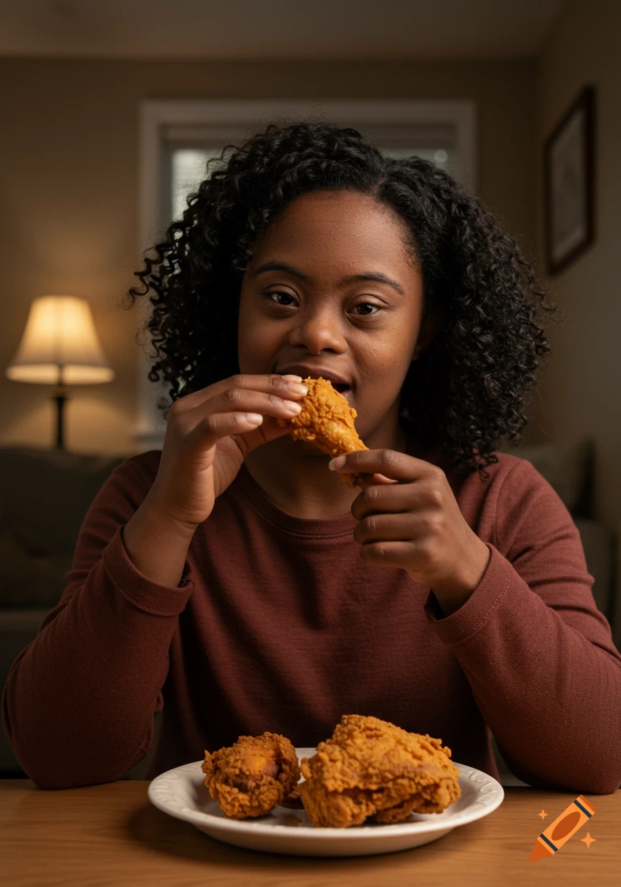 A Black woman with curly hair eating fried chicken from a plate, with two more pieces on the table. Photorealistic portrait.