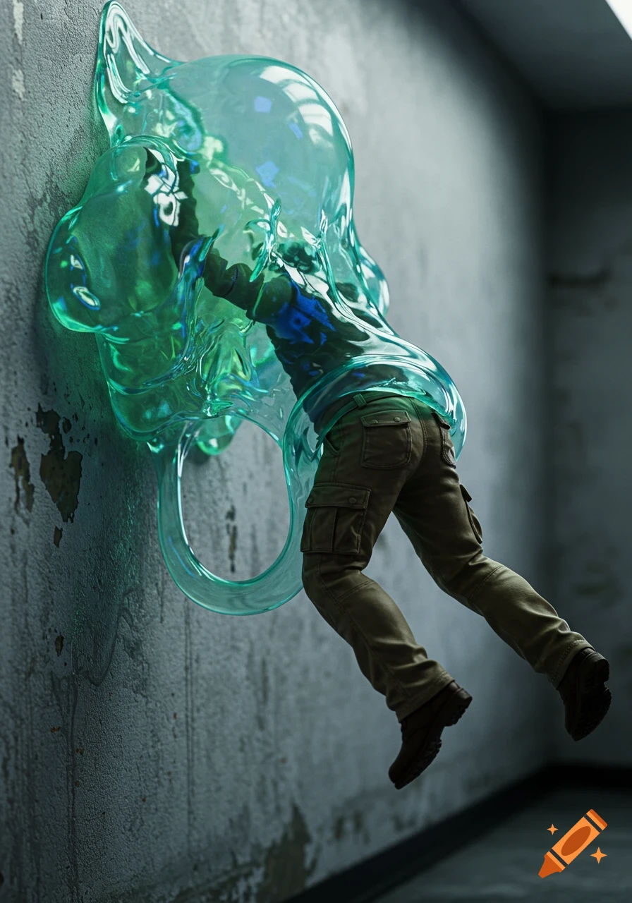 A man's lower body is being sucked into a translucent green blob-like entity clinging to a concrete wall in a photorealistic style.