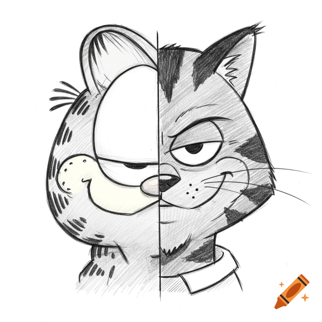 Sketch of Garfield and Heathcliff's faces split down the middle, in a cartoon style.