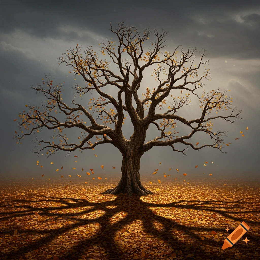 A bare autumn tree with golden leaves scattered on the ground under a dramatic cloudy sky.