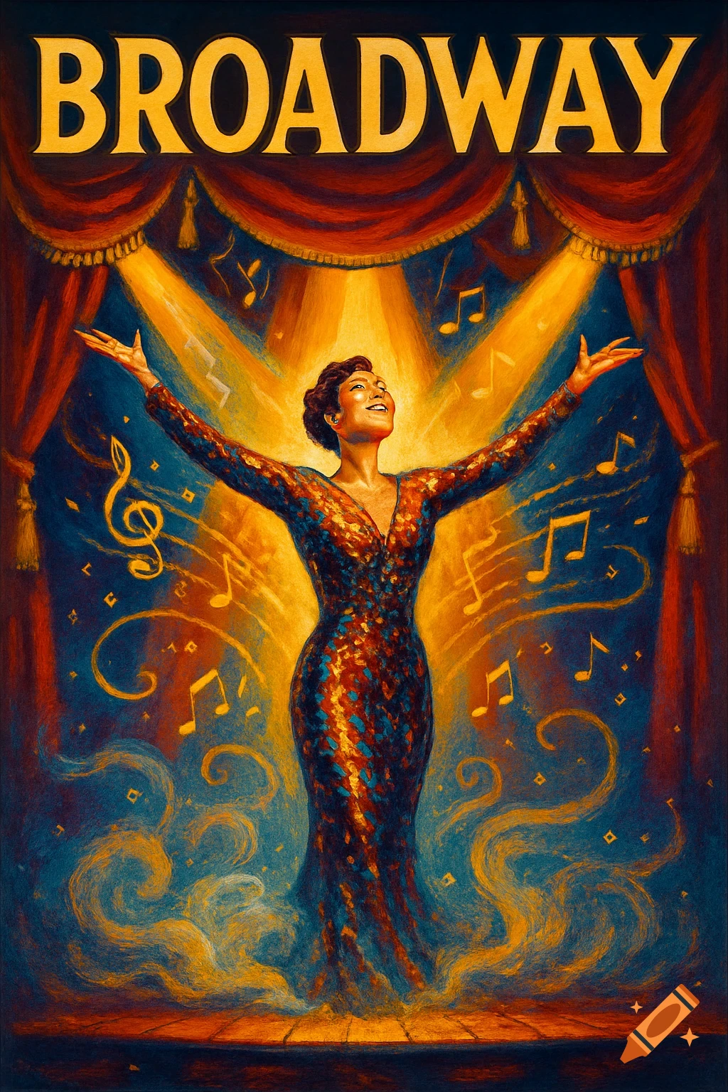A woman in a shimmering gown sings on a stage under spotlights, surrounded by musical notes and stylized smoke, with "BROADWAY" at the top.
