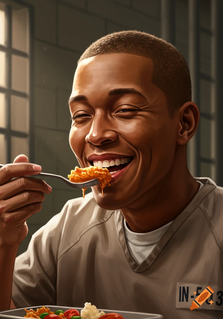 A close-up, stylized portrait of a smiling male inmate eating food with a spoon in prison.