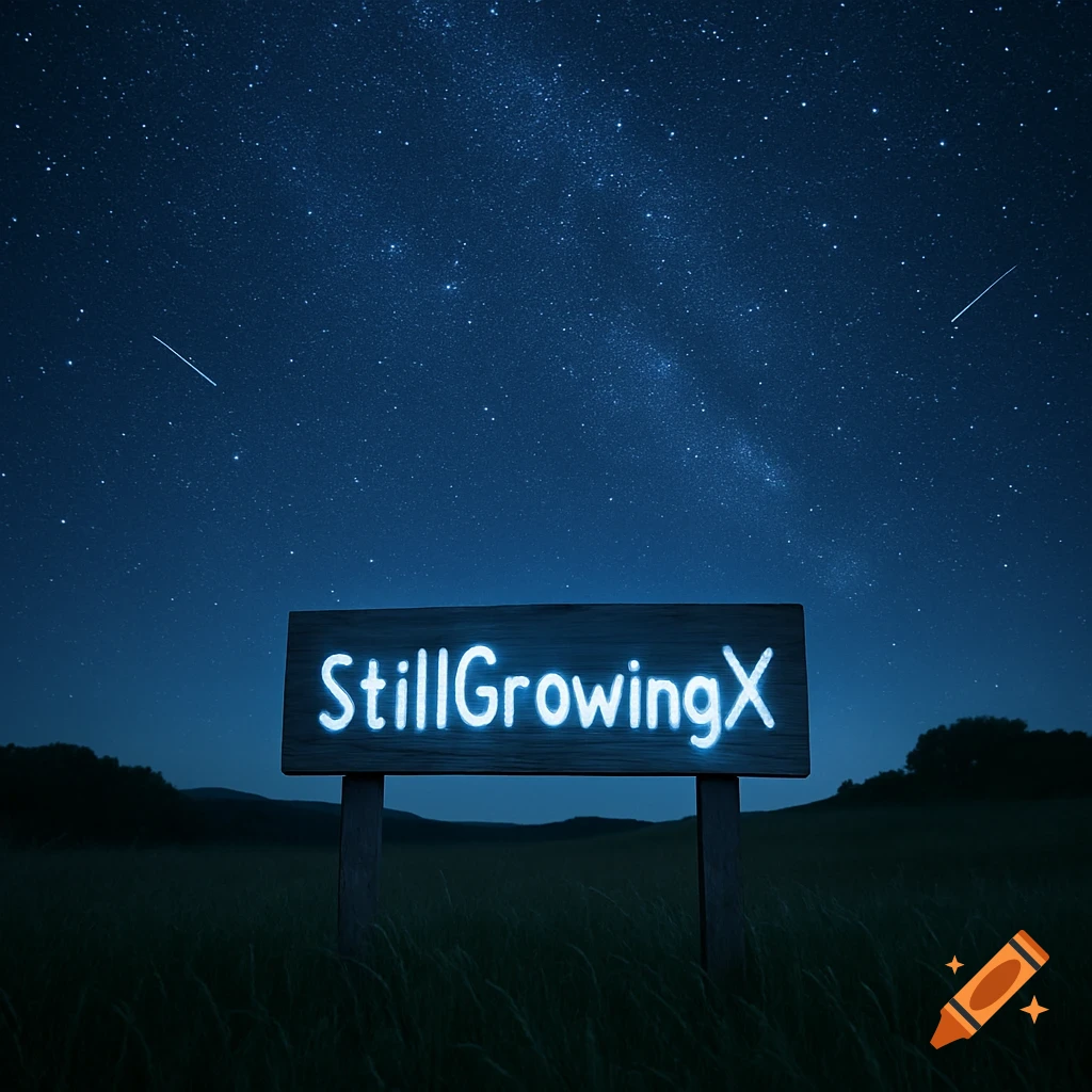 A wooden sign with glowing text 'StillGrowingX' in a grassy field under a dark starry night sky with two visible shooting stars.