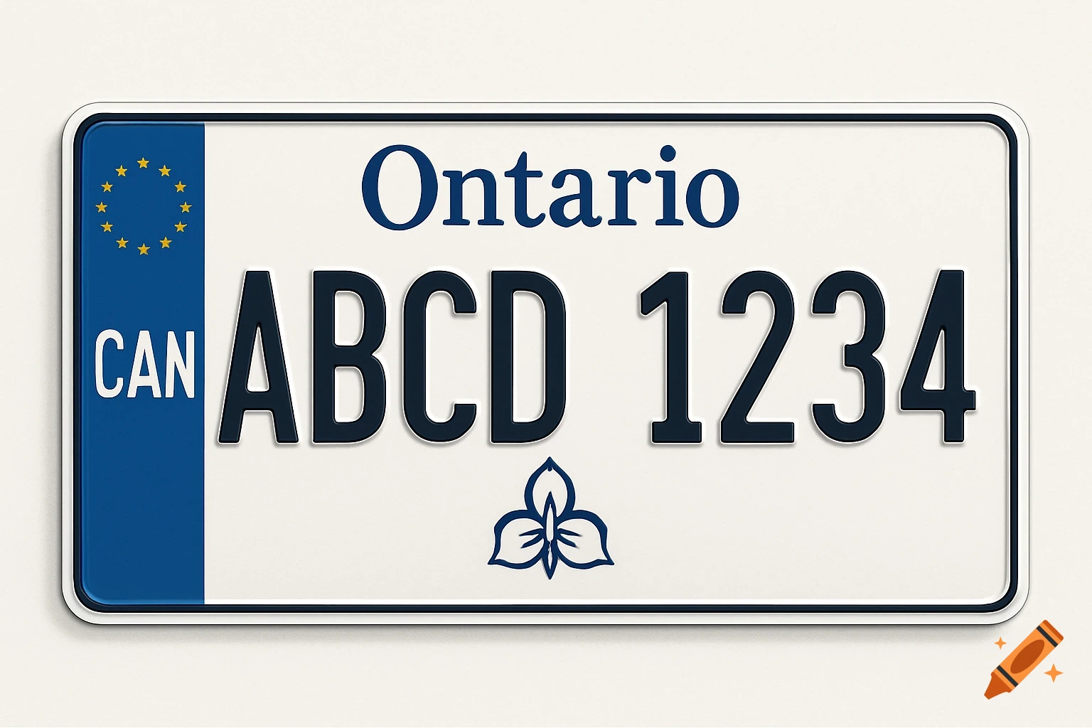 A white and blue license plate with 'Ontario' and 'ABCD 1234' on it, along with a 'CAN' code, EU stars, and a trillium flower.