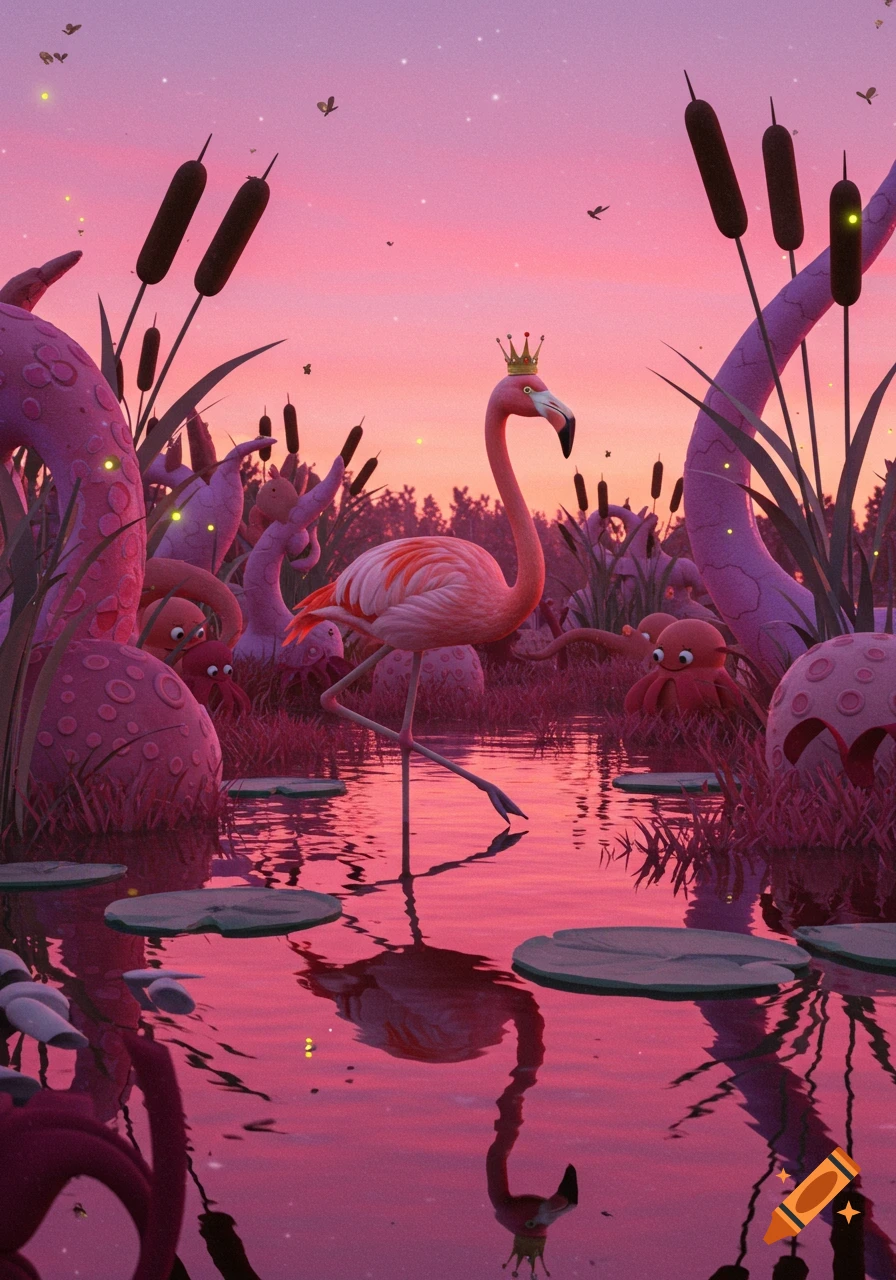 A crowned flamingo stands in a pink swamp with glowing octopus creatures, cat-tails, and lily pads at a vibrant sunset.