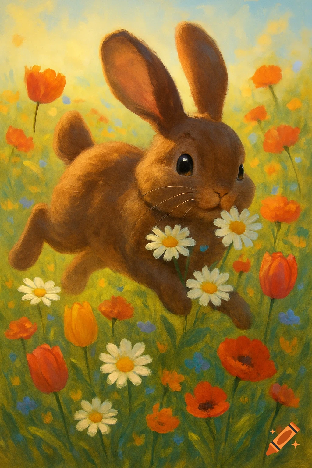 A brown bunny hops through a vibrant meadow filled with red, orange, and white flowers under a bright, painterly sky.
