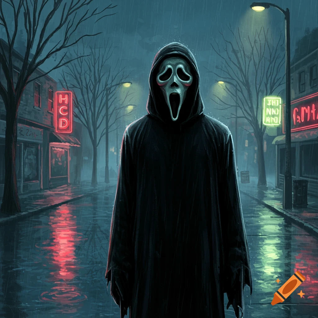 Ghostface standing in a rainy street at night with neon signs reflecting on the wet pavement, illustration style.