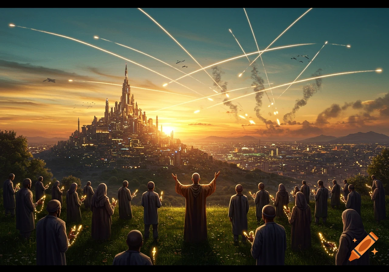 A group of robed figures on a hill overlook a futuristic city under missile attack at sunset.