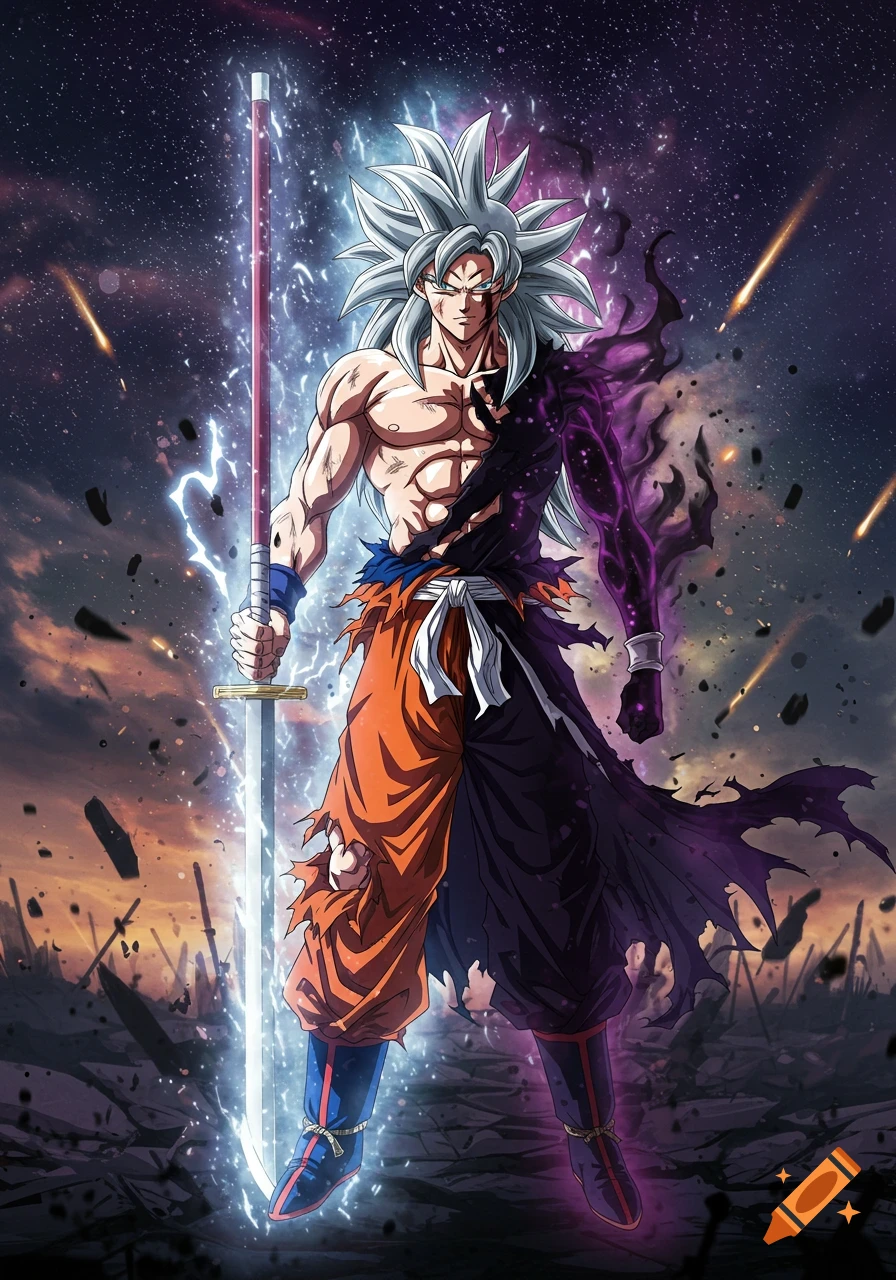 Powerful anime fusion character with silver hair, holding a glowing sword on a shattered battlefield under a starry sky.