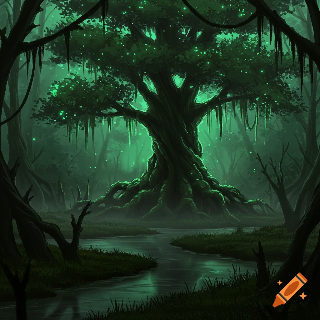 A mystical, glowing green tree with large roots stands in a dark, eerie swamp with a winding creek in the foreground.