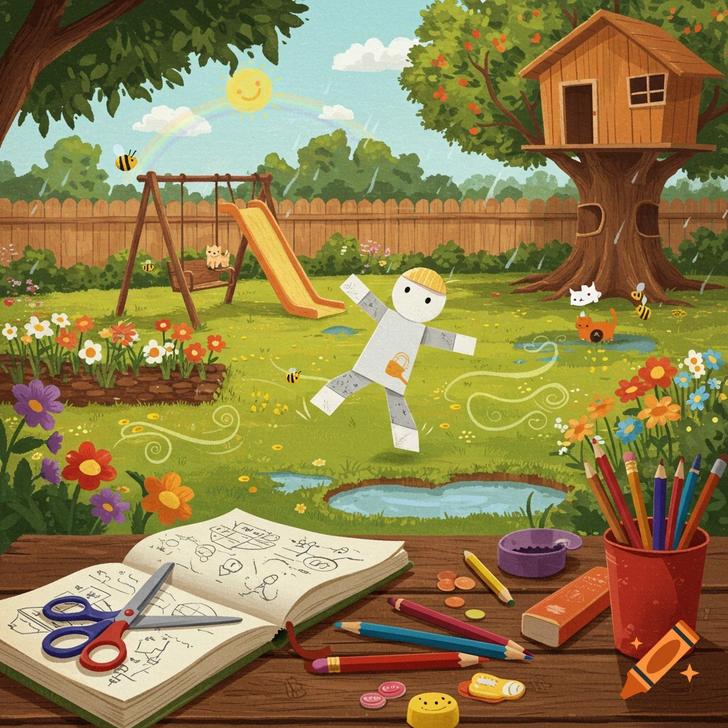 A whimsical illustrated backyard scene with a paper cutout person, playground, treehouse, flowers, and art supplies on a table.