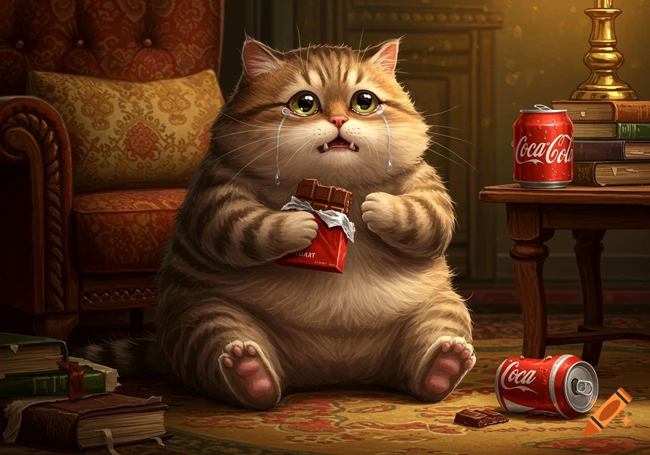 A chubby, sad-looking tabby cat with big green eyes cries while holding a chocolate bar and sitting on a patterned rug. A Coca-Cola can is on a table beside books.