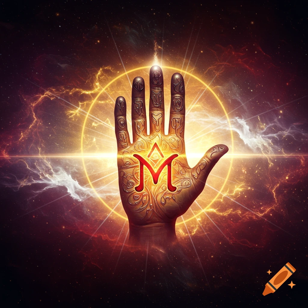 A golden, ornate hand with a glowing red 'M' on the palm, surrounded by a cosmic background of swirling energy and stars.