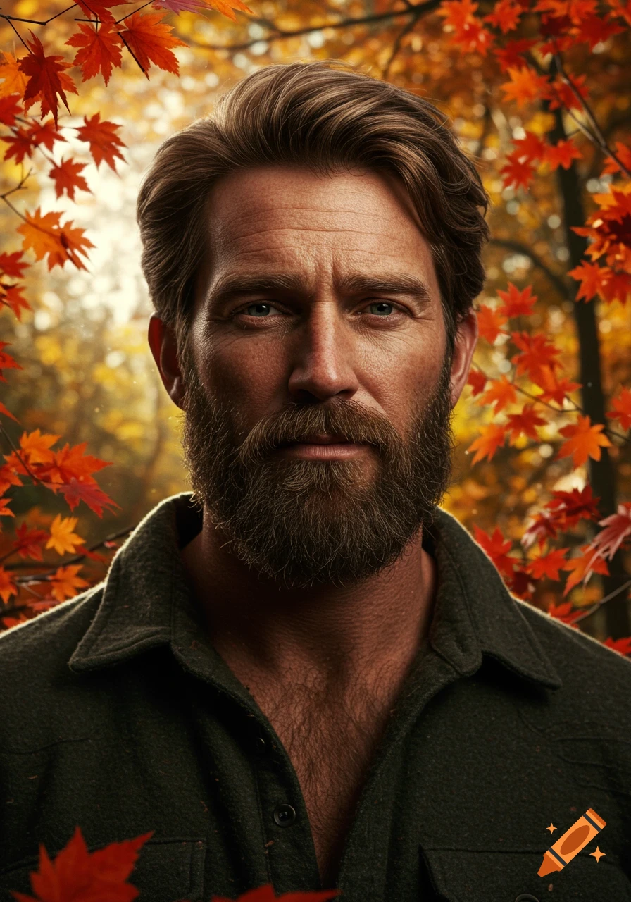Photorealistic portrait of a bearded man in a forest with autumn leaves.