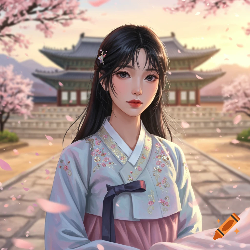 An anime-style portrait of a young Korean woman wearing a Hanbok, standing before a traditional Korean temple surrounded by cherry blossoms.